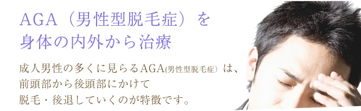 AGA（男性型脱毛症）を身体の内外から治療 成人男性の多くに見らるAGA(男性型脱毛症）は、前頭部から後頭部にかけて脱毛・後退していくのが特徴です。